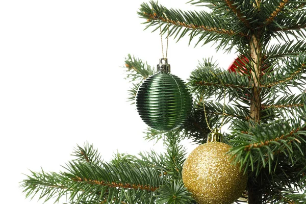 Weihnachtsbaum Mit Schönen Kugeln Isoliert Auf Weißem Hintergrund Nahaufnahme — Stockfoto