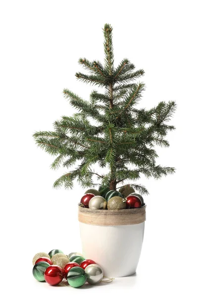 Kerstboom Met Mooie Ballen Geïsoleerd Witte Achtergrond — Stockfoto