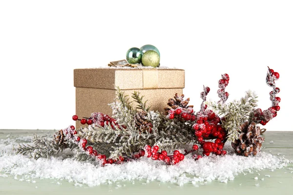 Beautiful Composition Christmas Gift Boxes Snow Decor Table White Background — Stock Photo, Image