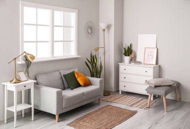 Aydınlık oturma odasının içinde gri kanepe, çekmeceler ve altın lambalar var.