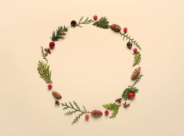 Renkli arkaplanda kozalaklı dallardan, dutlardan ve kozalaklardan oluşan çerçeve