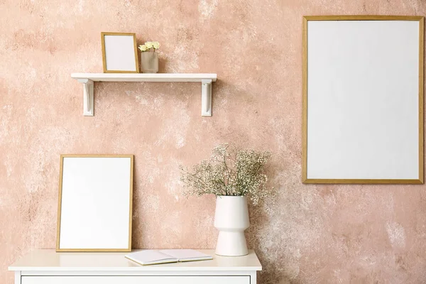 Vase Gypsophila Flowers Book Frame Shelf Pink Wall — Stock Photo, Image