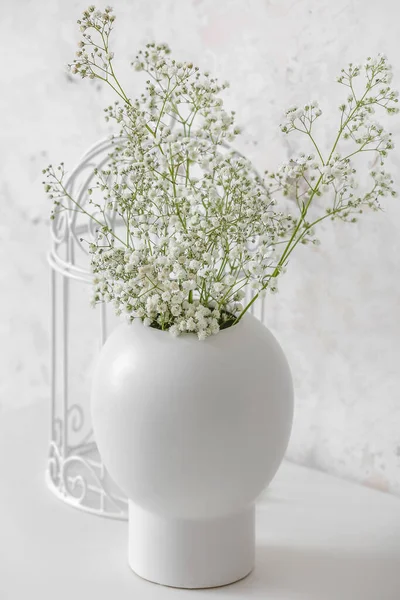 Vase Mit Zigeunerblumen Auf Tisch Neben Lichtwand — Stockfoto