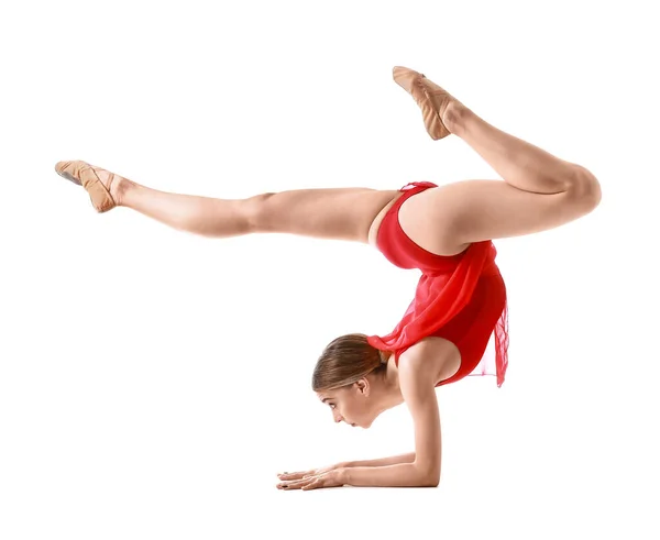 Mooie Jonge Vrouw Doen Gymnastiek Witte Achtergrond — Stockfoto