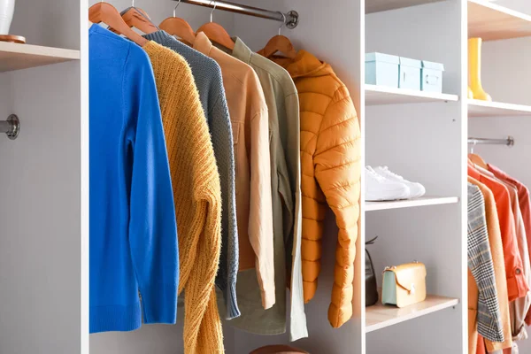 Trendy Jackets Hanging Wardrobe Closeup — Stock Photo, Image