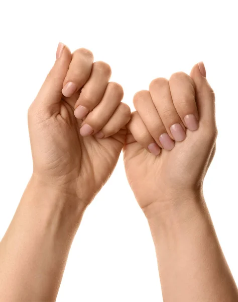 Beyaz Arka Planda Nazik Manikürlü Kadın Elleri — Stok fotoğraf