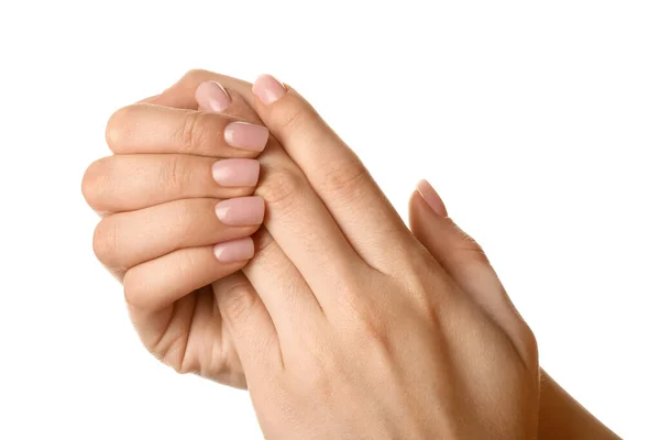 Mãos Femininas Com Manicure Elegante Fundo Branco Close — Fotografia de Stock