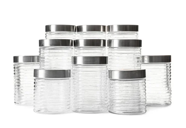 Many Different Glass Jars White Background — Stock Photo, Image