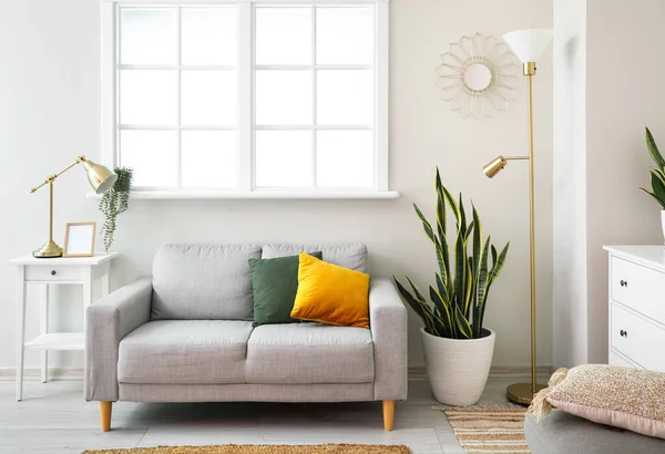 Interior Light Living Room Grey Sofa Golden Lamps — Stock Photo, Image