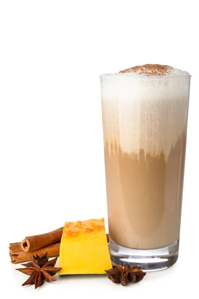 Bicchiere Latte Zucca Saporito Sfondo Bianco — Foto Stock