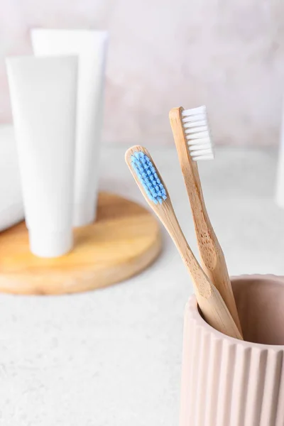 Holder Toothbrushes Light Background Closeup — Stock Photo, Image