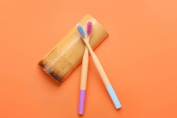 Different Wooden Toothbrushes Color Background — Stock Photo, Image