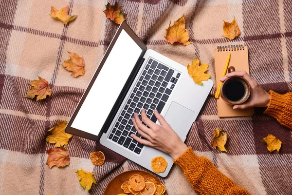 Kobieta Laptopem Filiżanką Kawy Notebookiem Jesiennymi Liśćmi Szachownicy — Zdjęcie stockowe