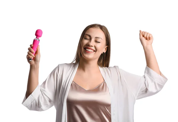 Mujer Joven Feliz Con Vibrador Sobre Fondo Blanco — Foto de Stock