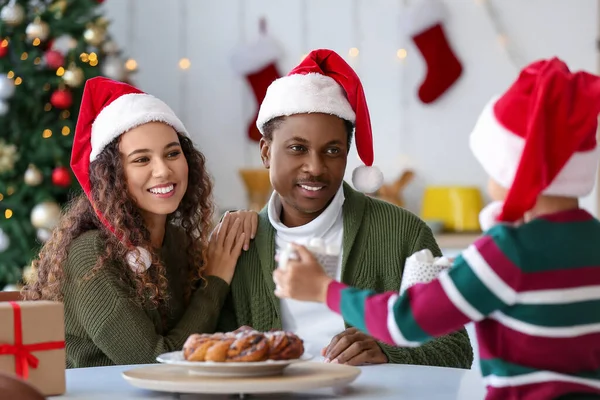 Little African American Boy Bringing His Parents Tasty Hot Chocolate — Stock Photo, Image