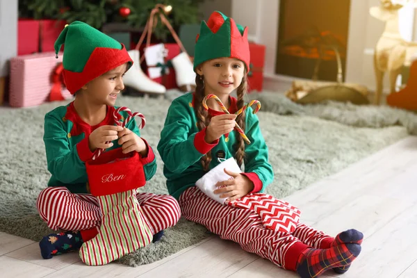 Cute Little Children Elves Costumes Christmas Socks Living Room — Stock Photo, Image