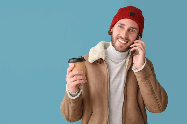 Handsome Man Coffee Talking Mobile Phone Color Background — Stock Photo, Image
