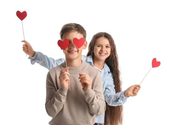 Glada Barn Med Festdekoration Vit Bakgrund Alla Hjärtans Dag Firande — Stockfoto
