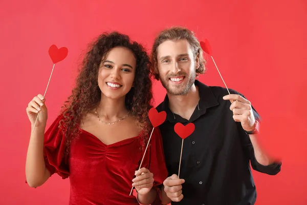 Happy Young Couple Party Decor Color Background Valentine Day Celebration — Stock Photo, Image
