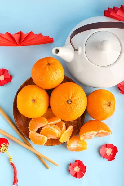 Tasty Tangerines Traditional Chinese Tea Color Background — Stock Photo, Image