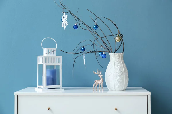 Lantern Christmas Decor Table Blue Wall — Stock Photo, Image