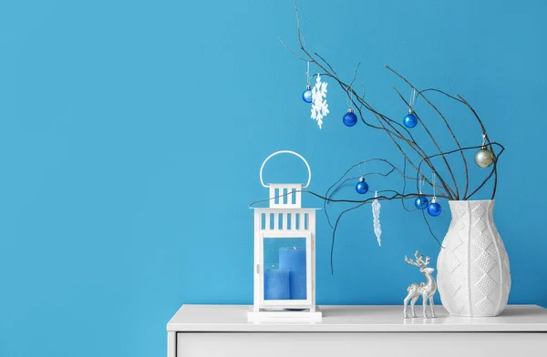 Lantern Christmas Decor Table Blue Wall — Stock Photo, Image