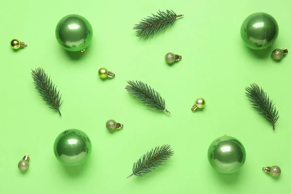 Beautiful Christmas Balls Fir Branches Green Background — Stock Photo, Image