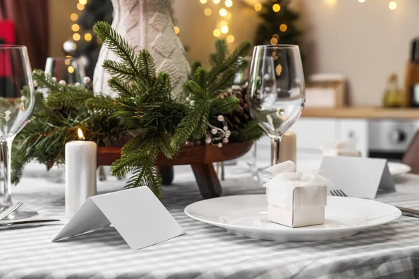 Tavolo Pranzo Con Bella Cornice Celebrazione Del Natale Carta Bianca — Foto Stock