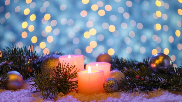 Beautiful Composition Christmas Decor Fir Tree Branches Burning Candles Blurred — Stock Photo, Image