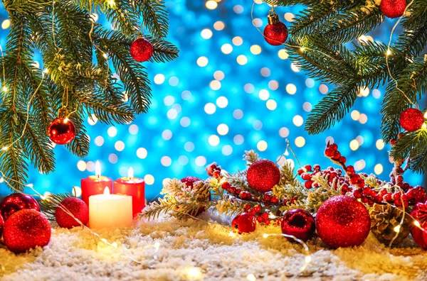Beautiful Christmas Composition Fir Tree Branches Burning Candles Snow Blurred — Stock Photo, Image
