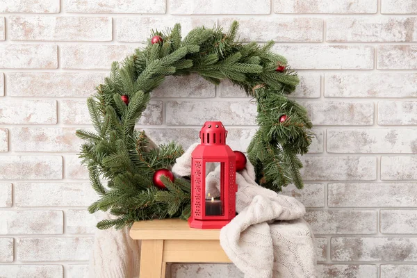 Red Christmas Lantern Burning Candle Warm Scarf Wreath Stool Brick — Stock Photo, Image