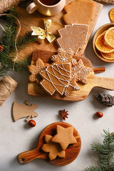Wooden Boards Sweet Christmas Gingerbread Cookies Light Background — Stock Photo, Image
