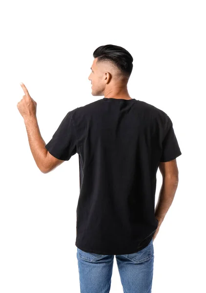 Hombre Joven Guapo Elegante Camiseta Que Apunta Algo Fondo Blanco — Foto de Stock