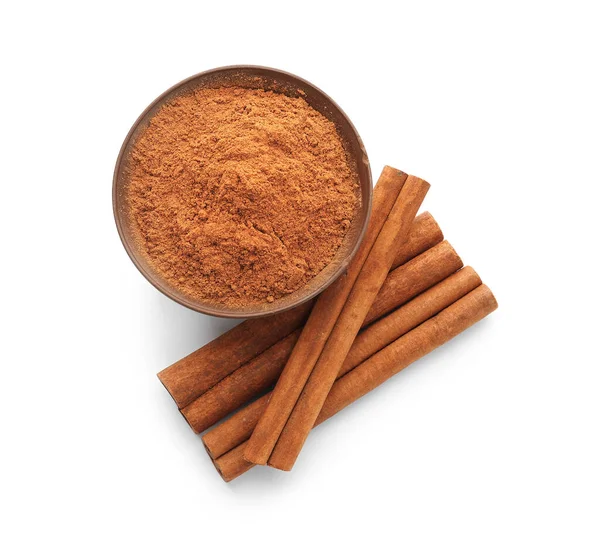 Bowl Natural Cinnamon Powder Sticks White Background — Stock Photo, Image