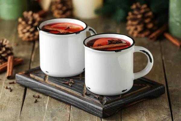 Cups Tasty Fruit Tea Cinnamon Wooden Background — Stock Photo, Image