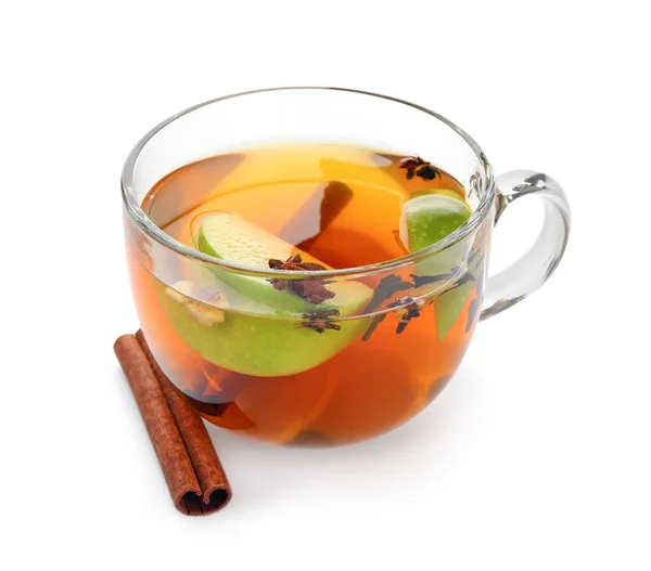 Glass Cup Tasty Apple Tea Cinnamon White Background — Stock Photo, Image
