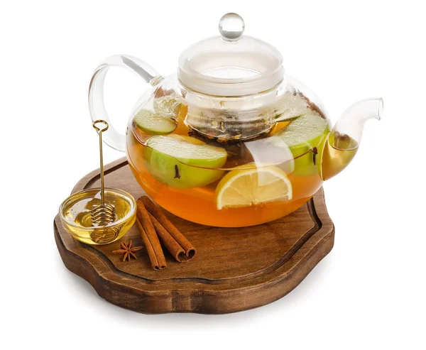 Tea Pot Tasty Beverage Fruits Cinnamon White Background — Stock Photo, Image