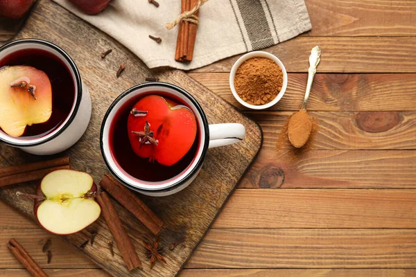 Cups Tasty Apple Tea Cinnamon Wooden Background — Stock Photo, Image
