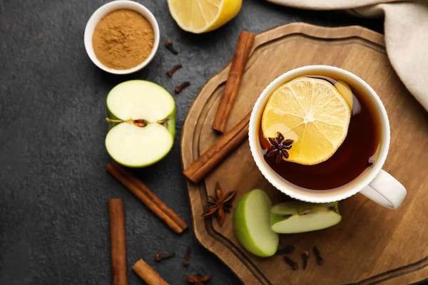 Cup Tasty Fruit Tea Cinnamon Black Background — Stock Photo, Image