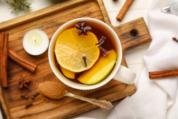 Cup Tasty Fruit Tea Cinnamon Spices White Wooden Background — Stock Photo, Image