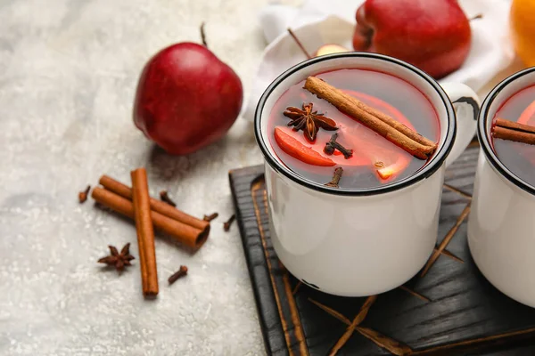 Cups Tasty Fruit Tea Cinnamon Light Background — Stock Photo, Image