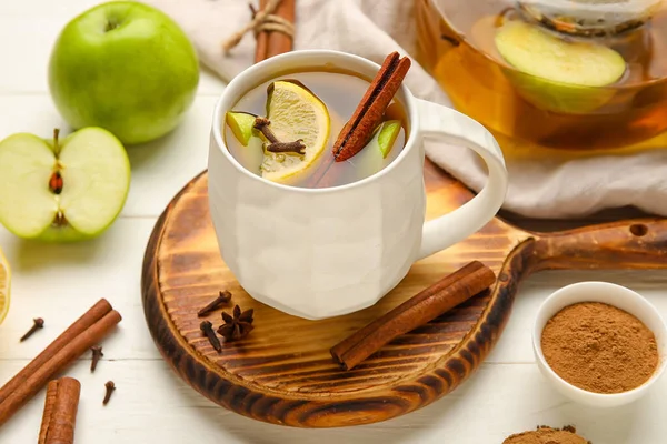 Cup Tasty Fruit Tea Cinnamon White Wooden Background — Stock Photo, Image