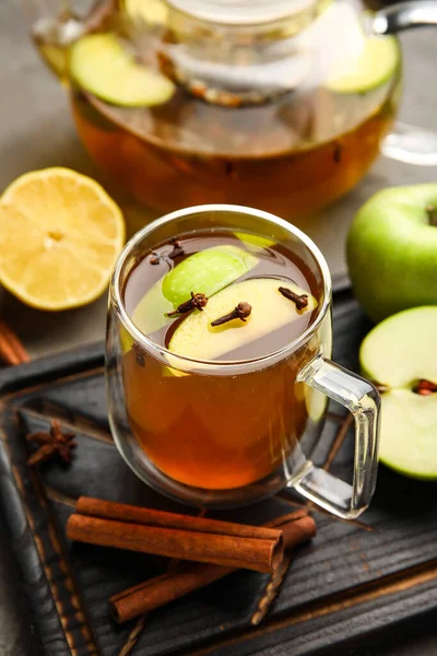 Glass Cup Tasty Fruit Tea Cinnamon Grey Background — Stock Photo, Image