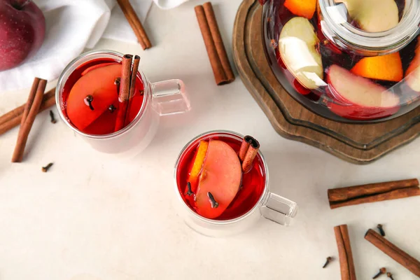 Glass Cups Tasty Fruit Tea Cinnamon White Background — Stock Photo, Image