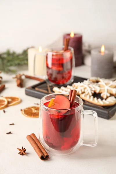 Glass Cup Tasty Fruit Tea Cinnamon White Background — Stock Photo, Image