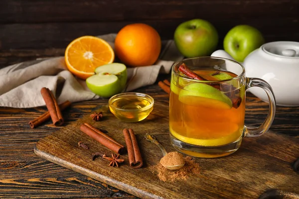 Glass Cup Tasty Fruit Tea Cinnamon Wooden Background — Stock Photo, Image