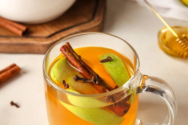 Glass Cup Tasty Fruit Tea Cinnamon White Background Closeup — Stock Photo, Image