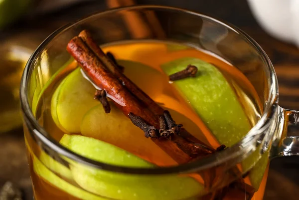 Glass Cup Tasty Fruit Tea Cinnamon Wooden Background Closeup — Stock Photo, Image