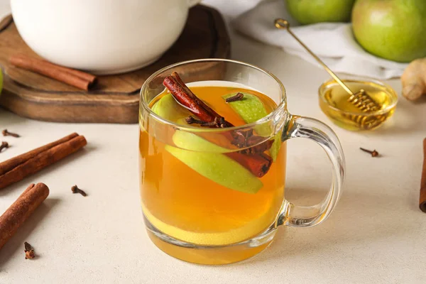 Glass Cup Tasty Fruit Tea Cinnamon White Background — Stock Photo, Image