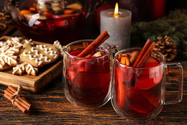 Glass Cups Tasty Fruit Tea Cinnamon Wooden Background — Stock Photo, Image